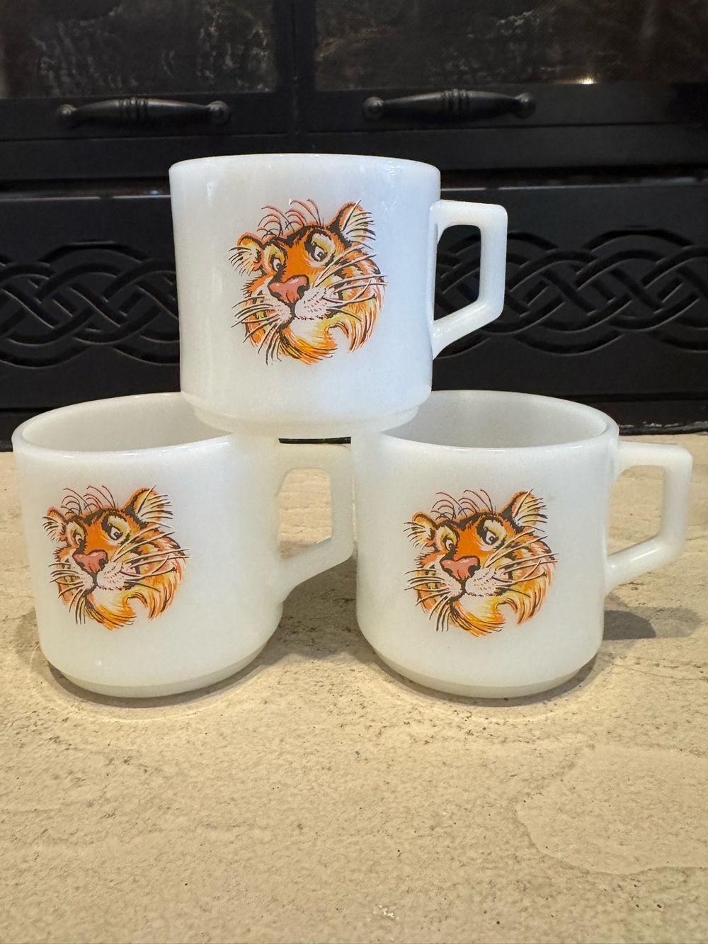 Vintage Fire King Esso White Tiger-Print Milk Glass Coffee Mugs - Set of 3